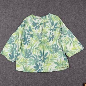 Anne‎ Carson Blouse Womens XL Green Leaf Print Floral Tropical Loose Fit Casual